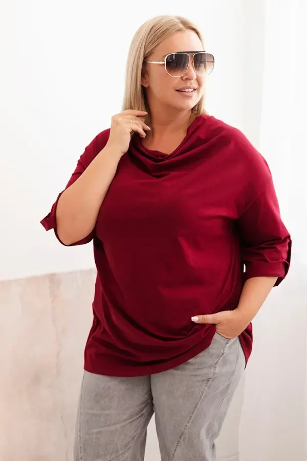 Kesi Włoski Kesi Włoski Women's Plus Size loose-fitting blouse with cotton and water neckline burgundy