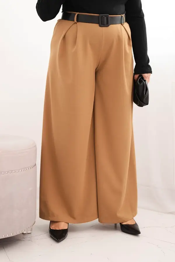 Kesi Włoski Kesi Włoski Women's Plus Size pants with wide legs and a belt camel