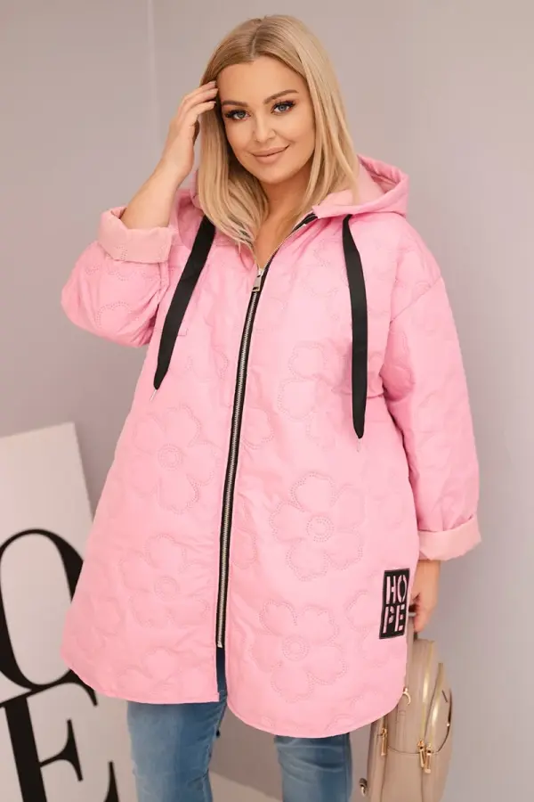 Kesi Włoski Kesi Włoski Women's Plus Size quilted jacket with a hood and the word HOPE candy pink