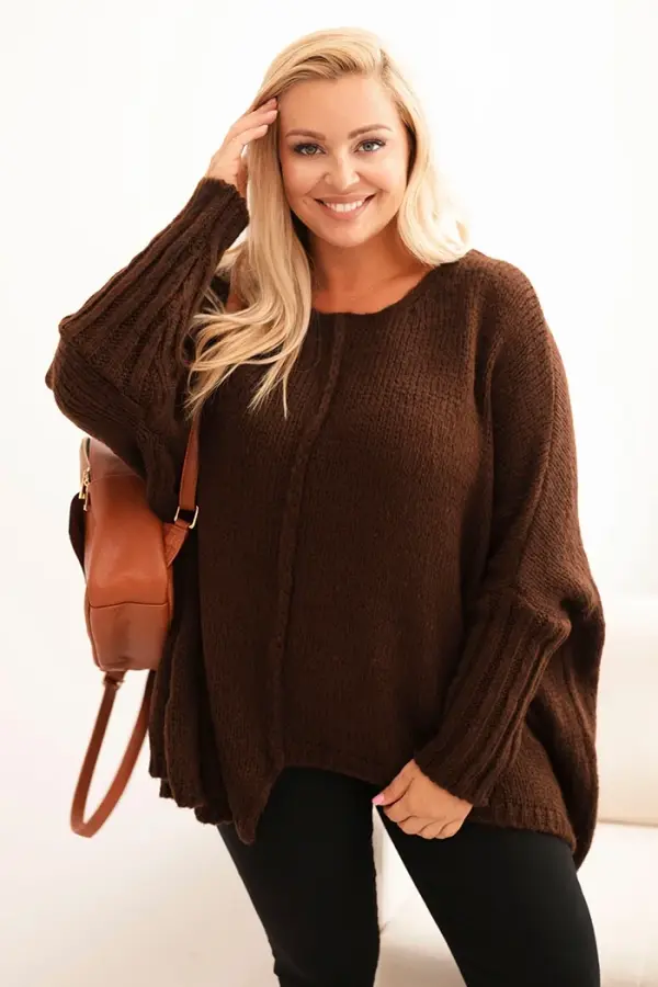 Kesi Włoski Kesi Włoski Women's Plus Size sweater with acrylic, loose fit and 3/4 sleeves brown