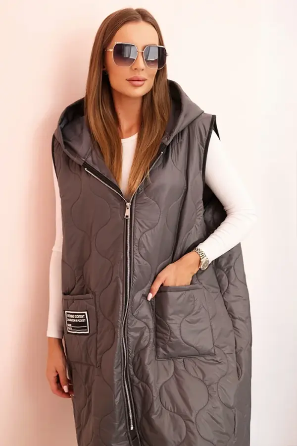 Kesi Włoski Kesi Włoski Women's quilted Plus Size vest with a hood zippered graphite