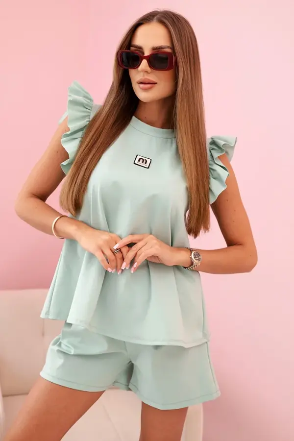 Kesi Włoski Kesi Włoski Women's set with a frill – a short-sleeved blouse and shorts with an elastic band dark mint