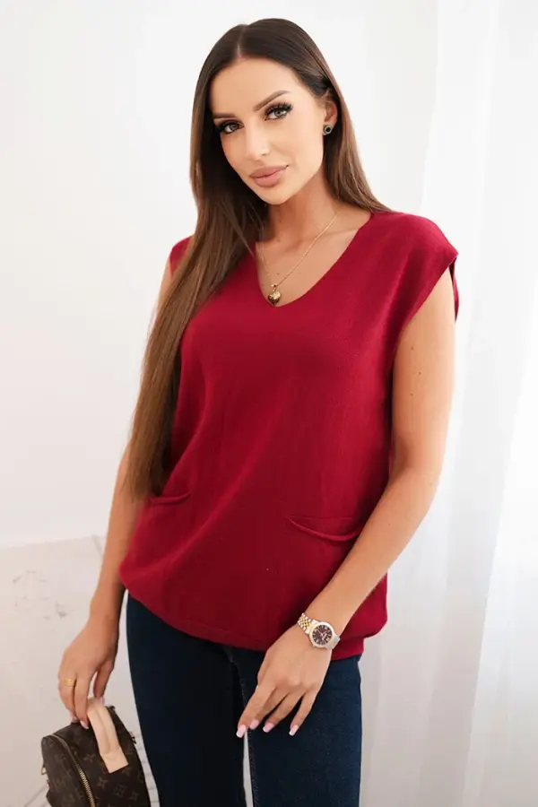 Kesi Włoski Kesi Włoski Women's sleeveless viscose sweater with pockets and a V-neck burgundy