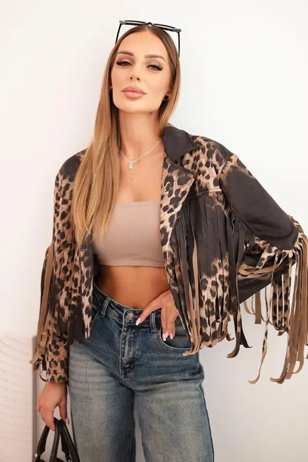 Kesi Włoski Kesi Włoski Women's suede jacket with leopard print and fringes black