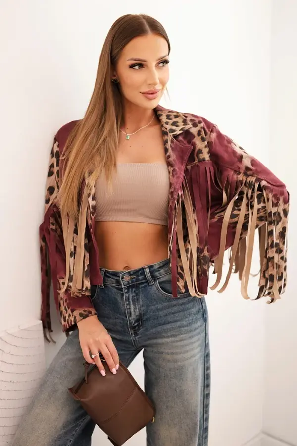 Kesi Włoski Kesi Włoski Women's suede jacket with leopard print and fringes burgundy