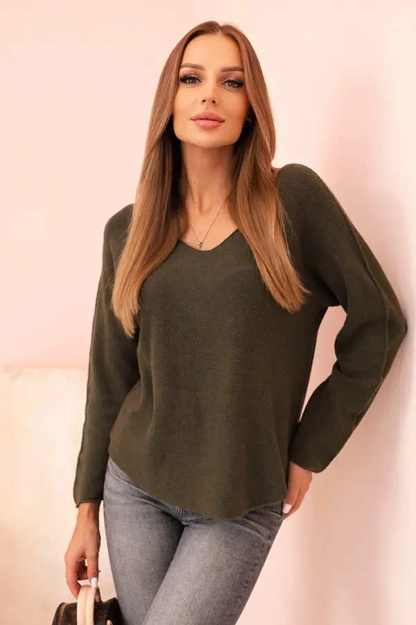 Kesi Włoski Kesi Włoski Women's sweater with viscose and V-neck dark khaki