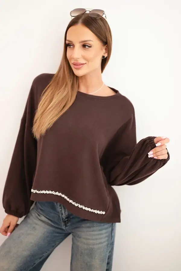 Kesi Włoski Kesi Włoski Women's sweatshirt with decorative finish at the bottom brown