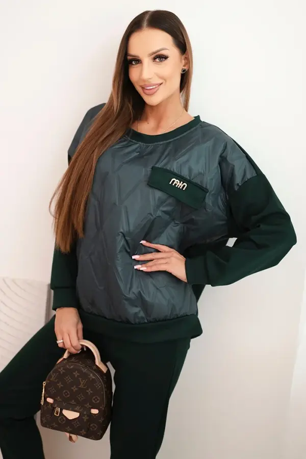 Kesi Włoski Kesi Włoski Women's tracksuit set made of viscose with a quilted sweatshirt and pants dark green