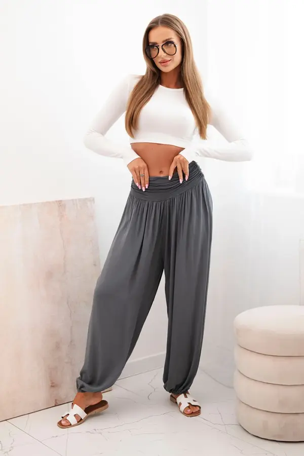 Kesi Włoski Kesi Włoski Women's viscose trousers with wide leg and ruffles graphite