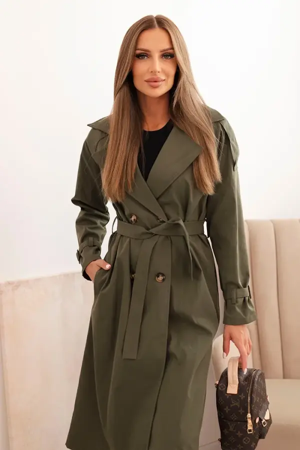 Kesi Włoski Kesi Włoski Women's waist-tied coat with a collar khaki