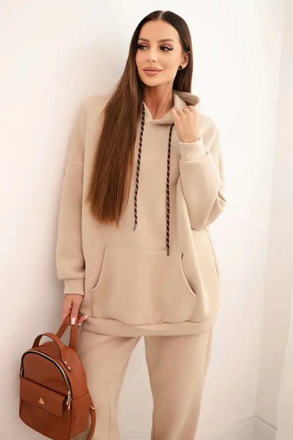 Kesi Włoski Kesi Włoski Women's warm cotton tracksuit with a hood beige