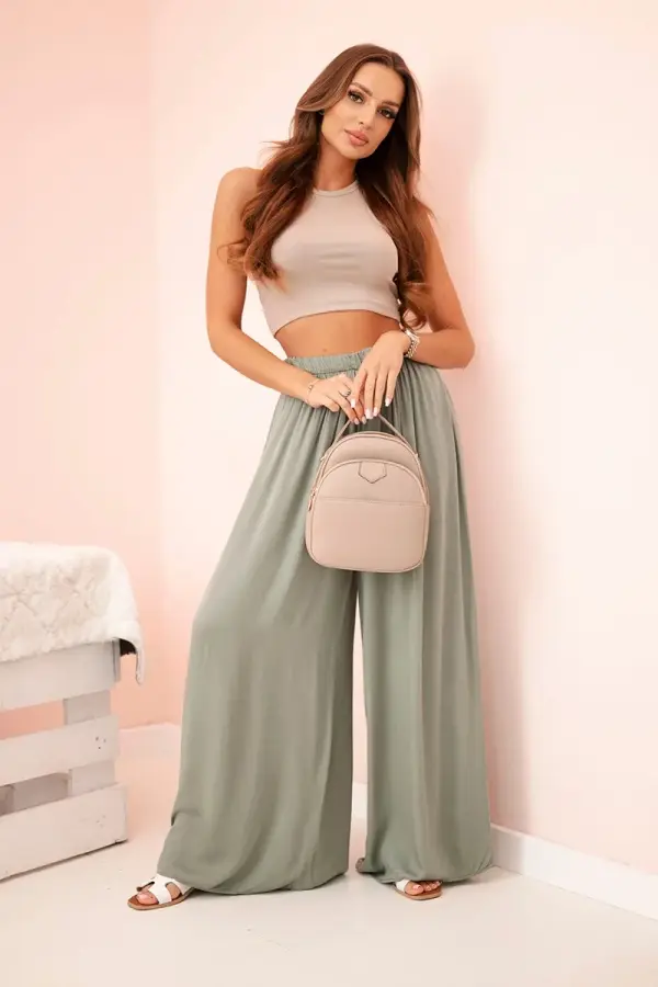 Kesi Włoski Kesi Włoski Women's wide trousers with elastic waistband khaki