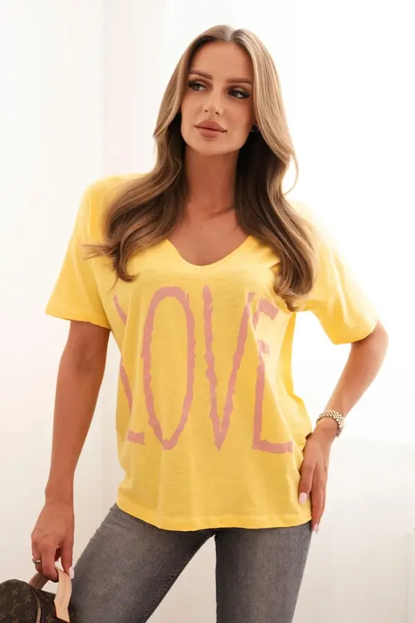 Kesi Kesi Women's cotton blouse with a V-neck and LOVE print yellow
