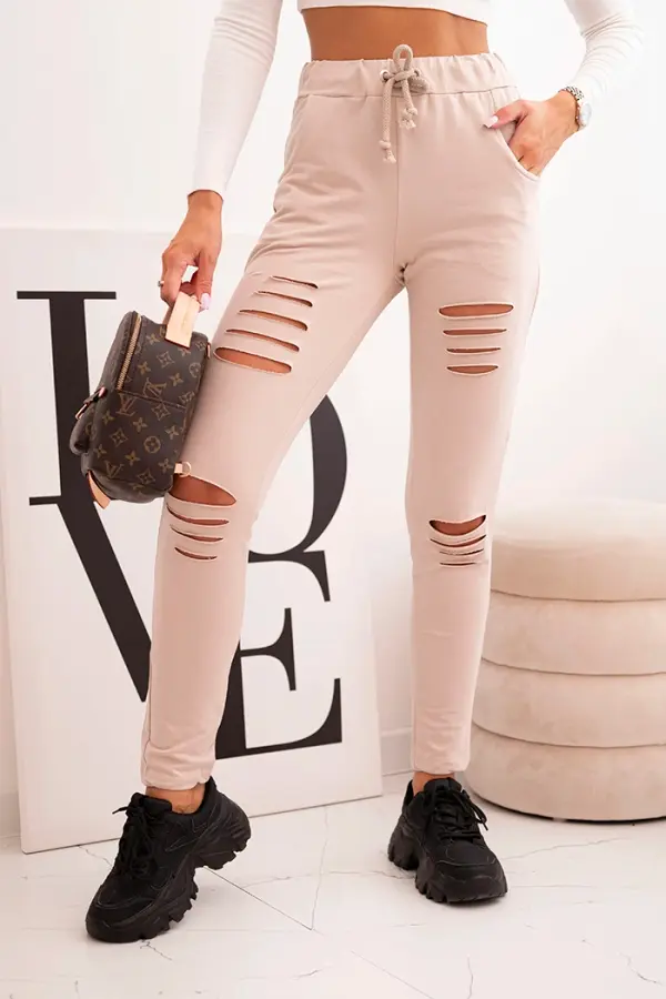 Kesi Kesi Women's cotton pants with distressing and elastic waistband beige