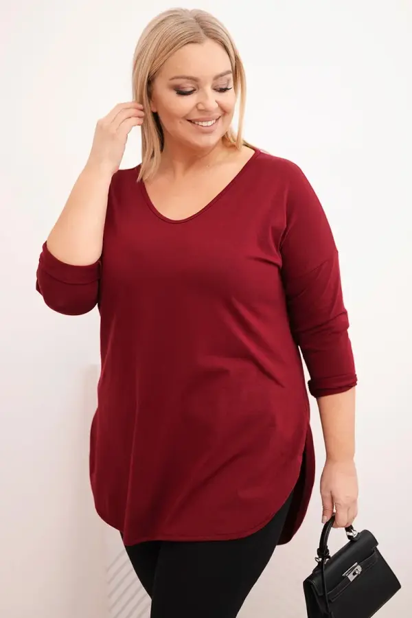 Kesi Kesi Women's cotton Plus Size blouse with a V-neck and rolled sleeves burgundy