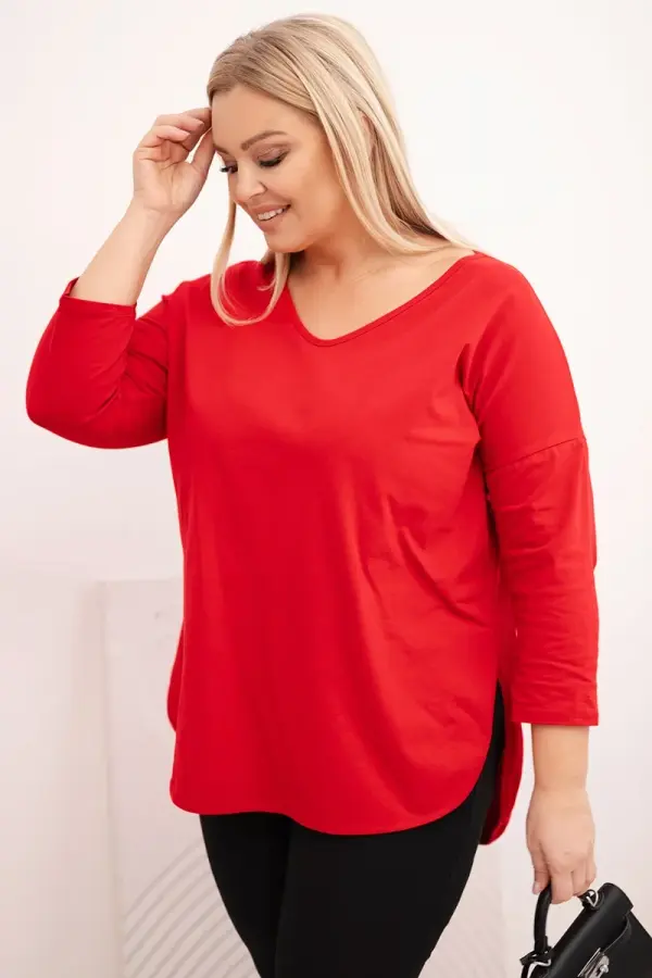 Kesi Kesi Women's cotton Plus Size blouse with a V-neck and rolled-up sleeves red