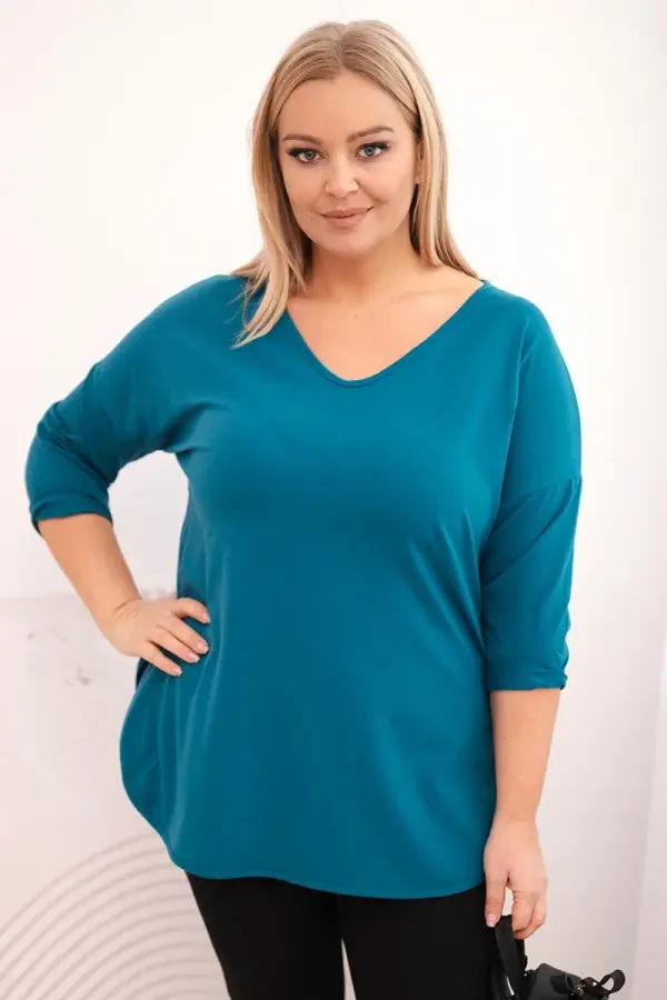 Kesi Kesi Women's cotton Plus Size blouse with a V-neck and rolled-up sleeves sea green