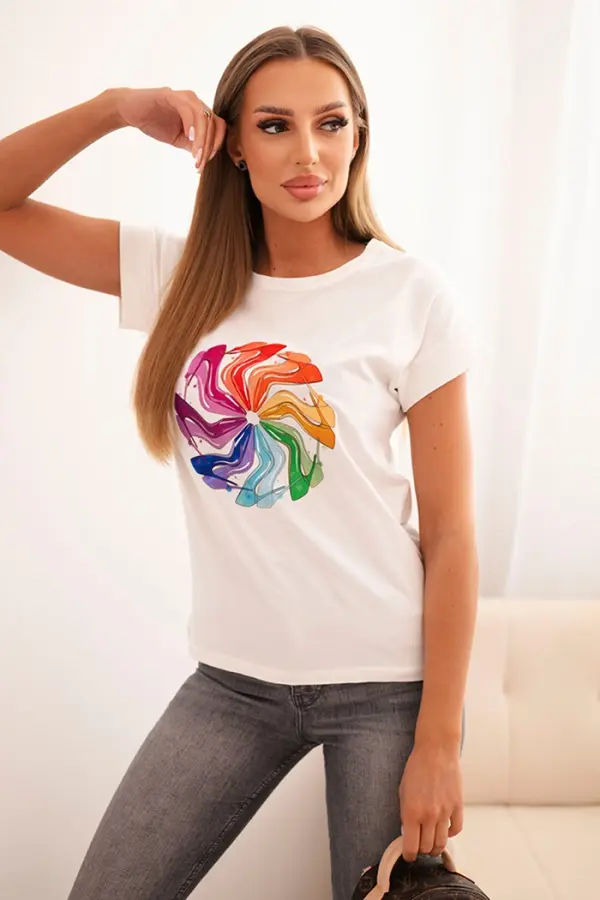 Kesi Kesi Women's cotton short-sleeve blouse with a colorful print ecru