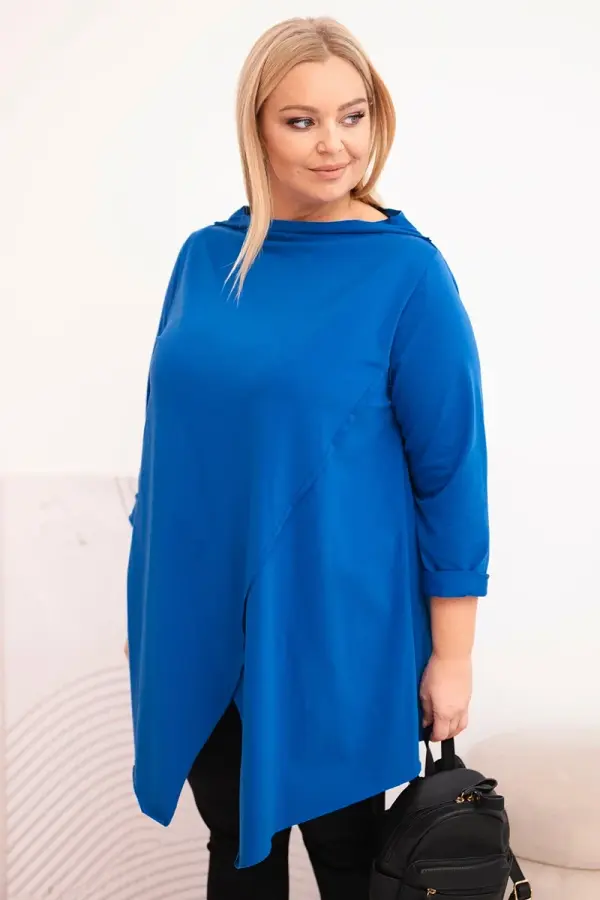 Kesi Włoski Kesi Women's plus size cotton asymmetric blouse with rolled sleeves blue