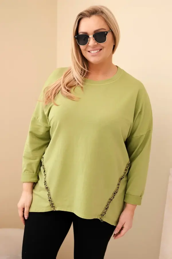 Kesi Kesi Women's Plus Size cotton blouse with rolled-up sleeves and leopard print trim olive