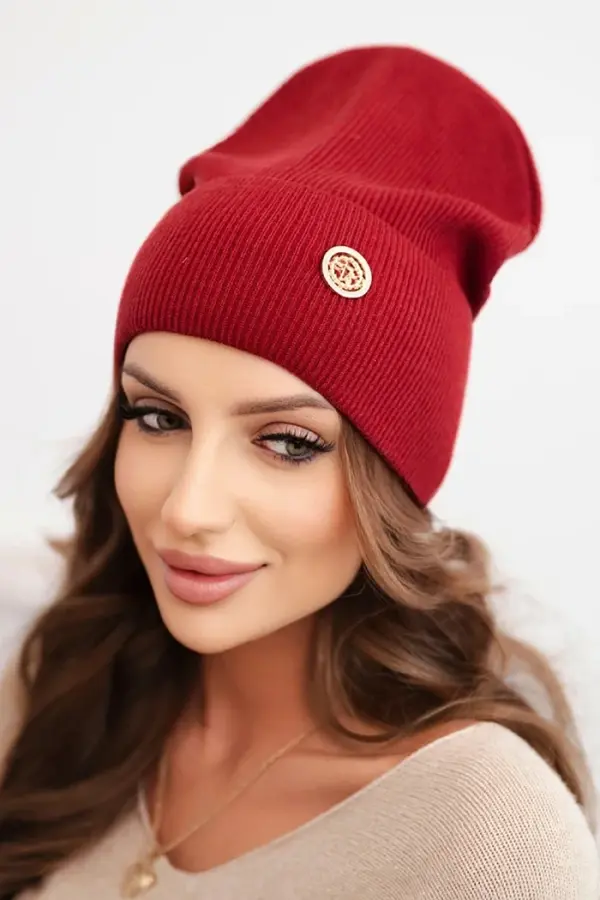 Polski Kesi Women's ribbed cap made of modal and viscose with a decorative button burgundy