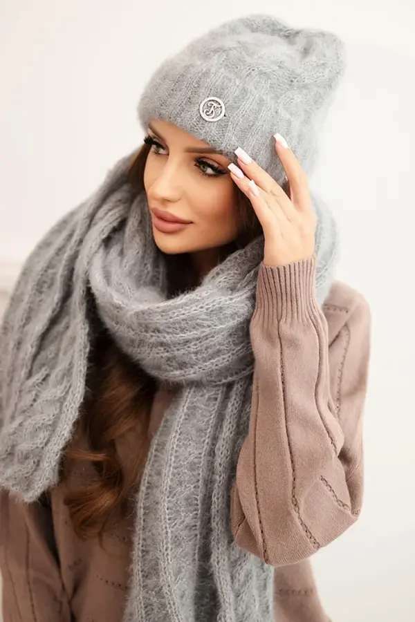 Polski Kesi Women's set hat and scarf ribbed with decoration gray