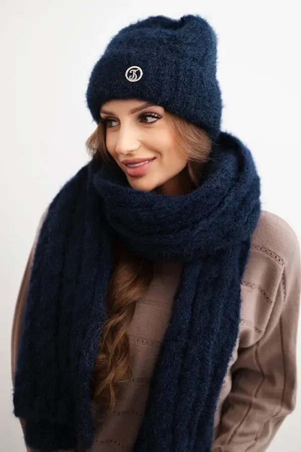 Polski Kesi Women's set hat and scarf ribbed with decoration navy blue