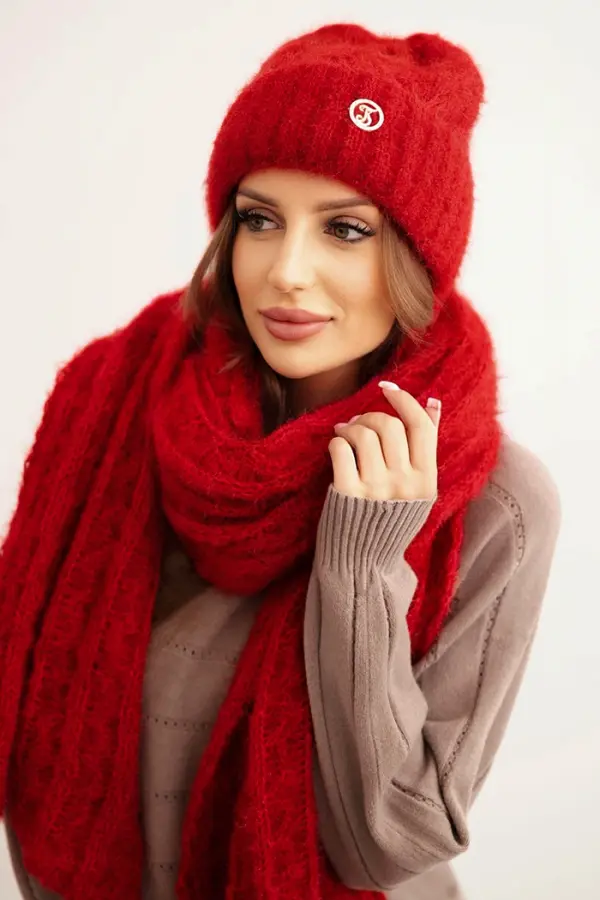 Polski Kesi Women's set hat and scarf ribbed with decoration red