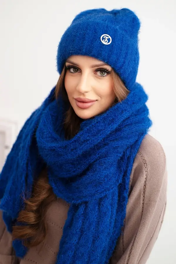 Polski Kesi Women's set hat and scarf with ribbing and decoration cornflower blue