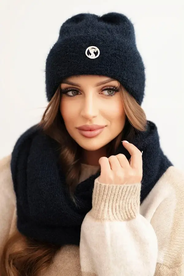 Polski Kesi Women's set with a hat and a snood made of soft knit navy blue