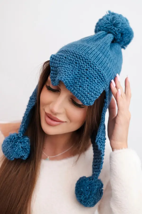 Kesi Kesi Women's winter cap with wool, brim and pom poms K475, denim