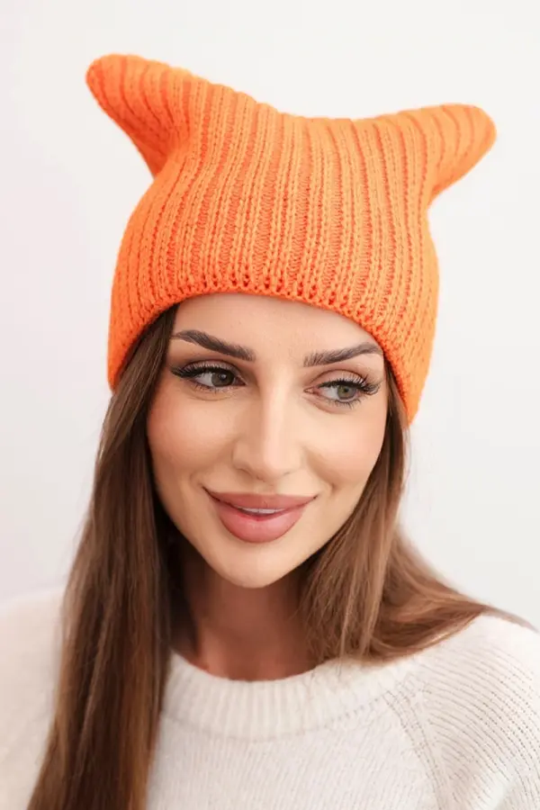 Kesi Kesi Women's winter cap with wool in a cat shape made of ribbed knit K419 orange