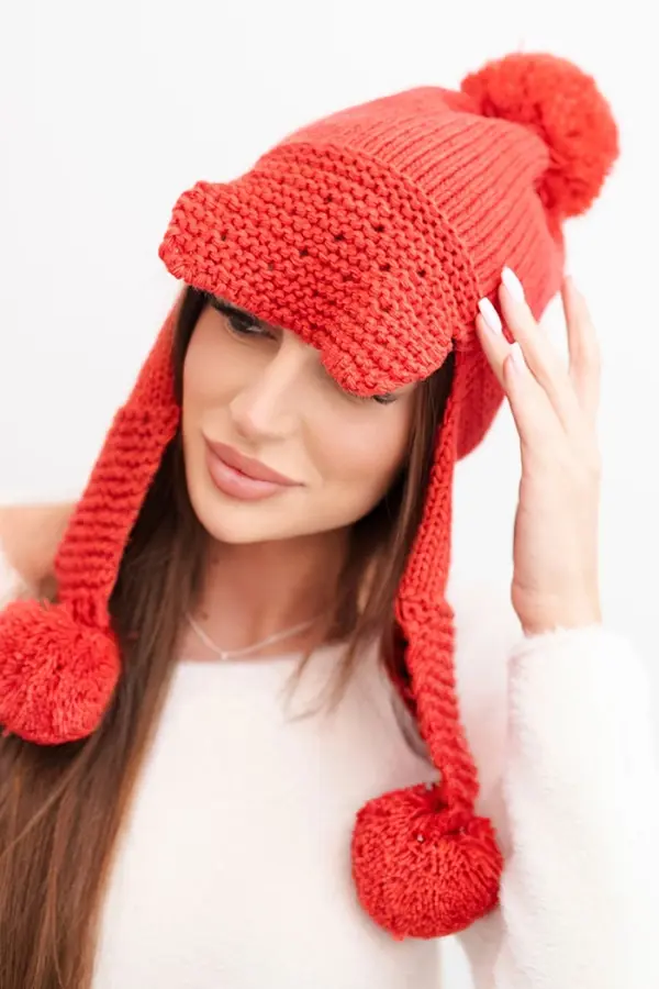 Kesi Kesi Women's winter cap with wool, visor, and pom-poms K475 red