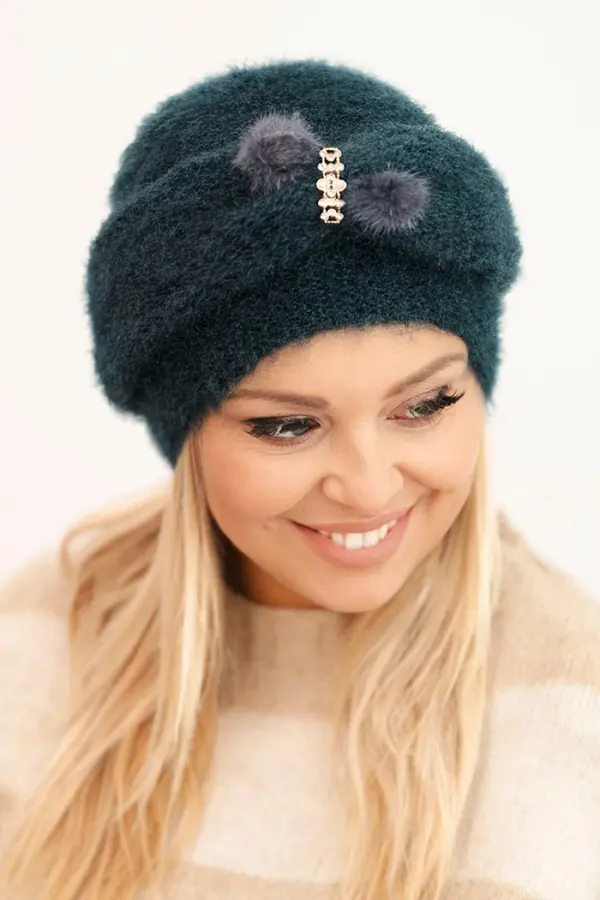 Polski Kesi Women's winter fluffy hat with decoration and fur teal