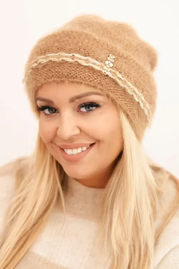 Polski Kesi Women's winter fluffy hat with pearls and decorative weave camel