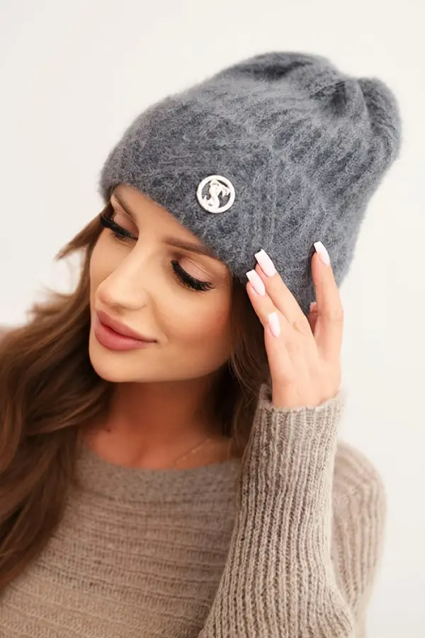 Polski Kesi Women's winter hat made of fluffy knit with an elegant button dark gray