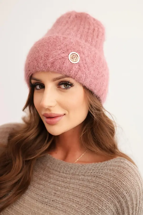 Polski Kesi Women's winter hat made of fluffy knit with an elegant button dark pink