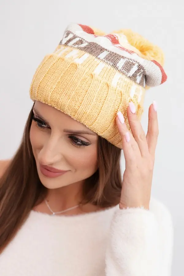 Kesi Kesi Women's winter hat with wool and a large pompom K422 mustard