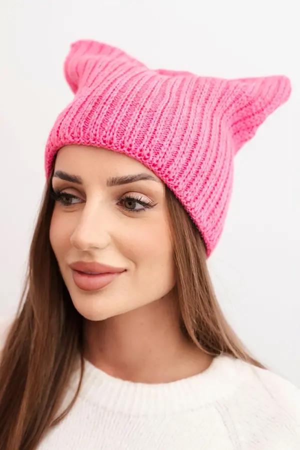 Kesi Kesi Women's winter hat with wool in a cat-style design made of ribbed knit K419 pink