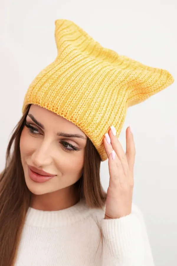 Kesi Kesi Women's winter hat with wool in a cat style made of ribbed knit K419 yellow