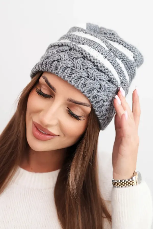 Kesi Kesi Women's winter hat with wool in a thick knit and stripes K465 gray + white
