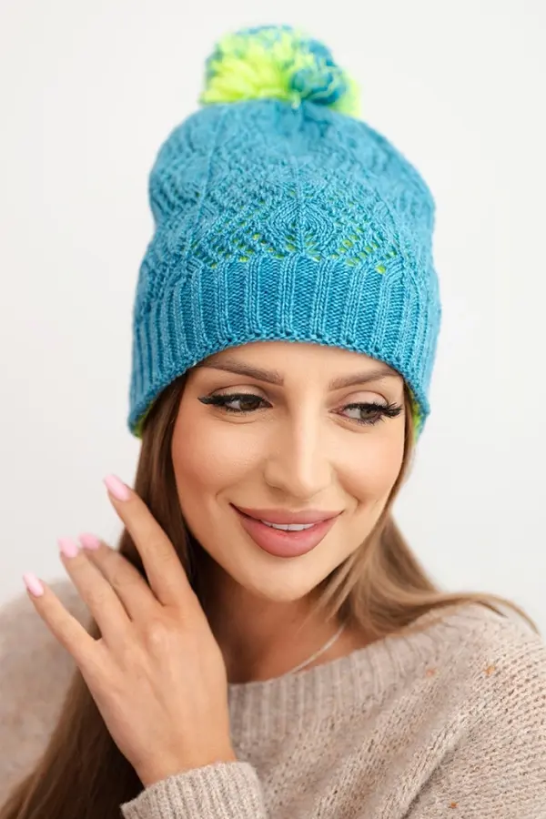 Kesi Kesi Women's winter hat with wool in decorative knit and pom-pom K467 denim