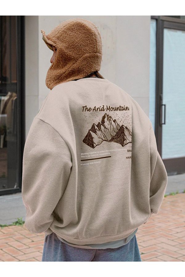 Know Know Women's Beige Arid Mountain Printed Oversized Sweatshirt.