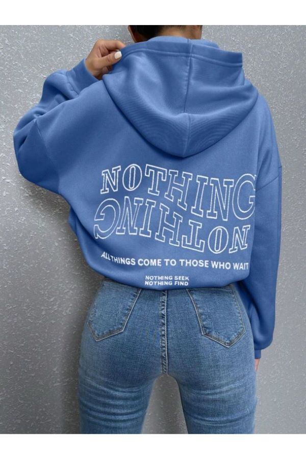 Know Know Women's Blue Reverse Plain Nothing Printed Oversize Sweatshirt