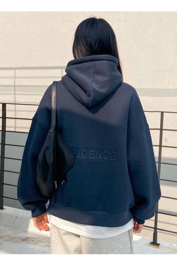 Know Know Women's Navy Confidence Printed Hoodie with Sweatshirt