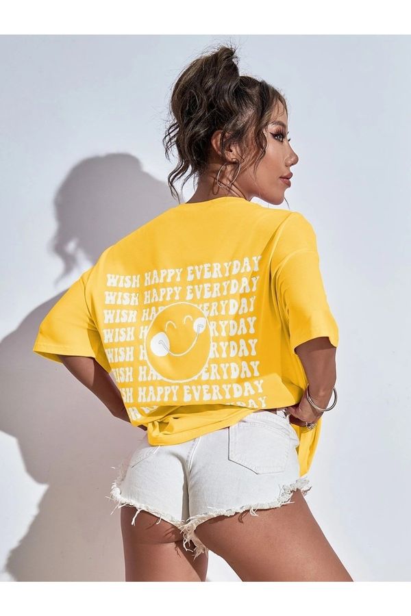 Know Know Women's Yellow Wish Happy Everyday Printed Oversize T-shirt