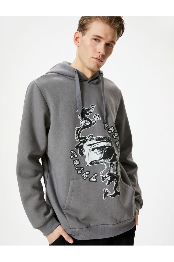 Koton Koton Back Printed Hoodie Asian Theme Kangaroo Pocket Detail