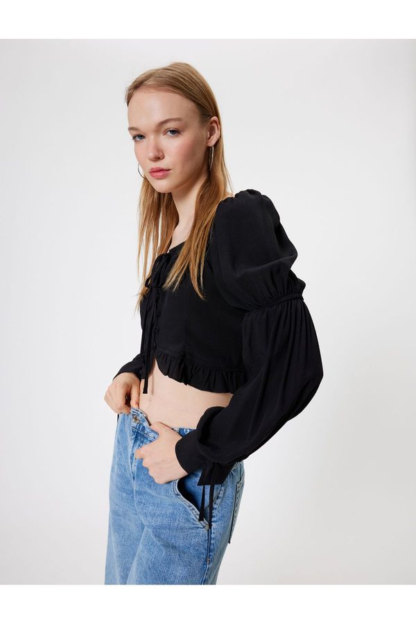 Koton Koton Balloon Sleeve Blouse Crop Slim Fit Tie Detailed
