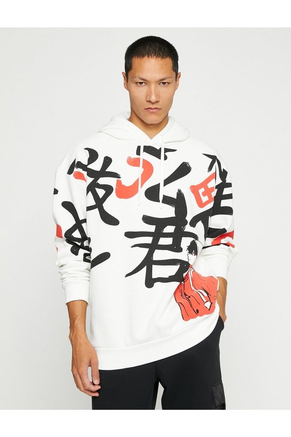 Koton Koton Basic Hooded Oversized Sweatshirt with Far East Print.