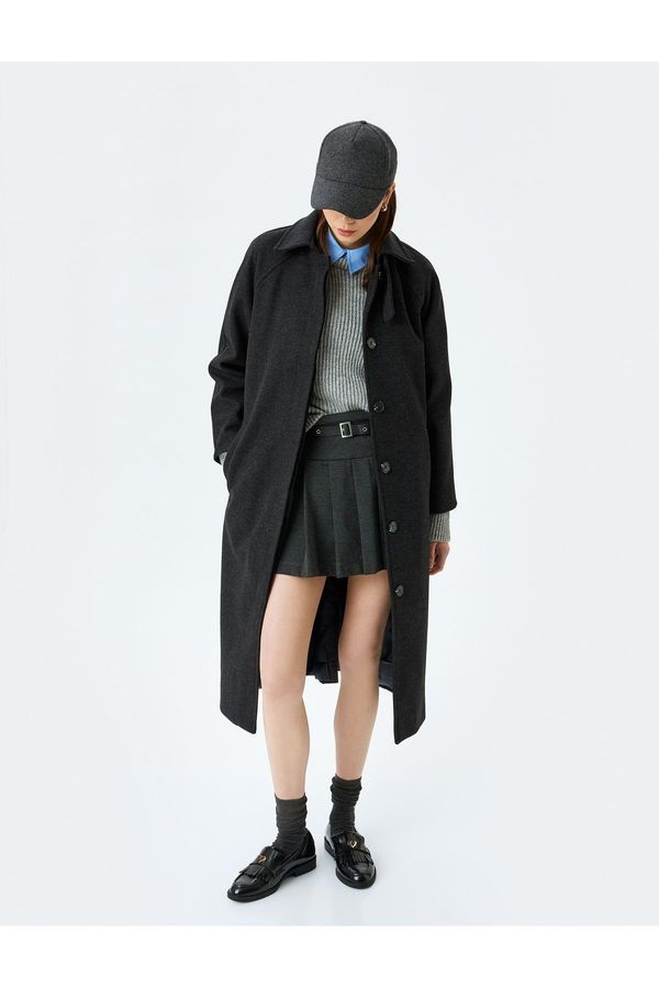 Koton Koton Belted Buttoned Classic Collar Pocket Detailed Lined Cashmere Coat